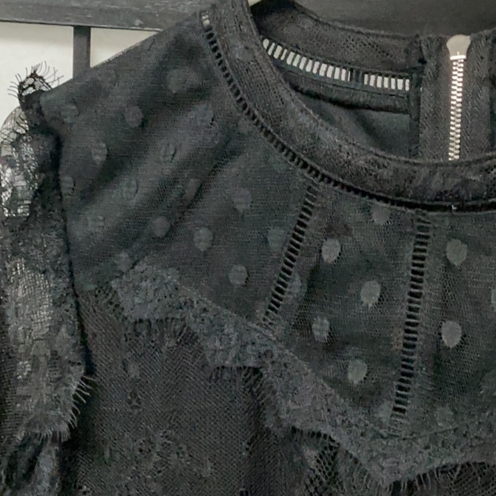 Sheer Lace Long-Sleeve Blouse - Black - Picture 3 of 10